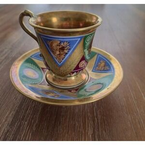 Unbranded Espresso Cup Saucer Set Small Multi-Color Gilded Neoclassical Decor